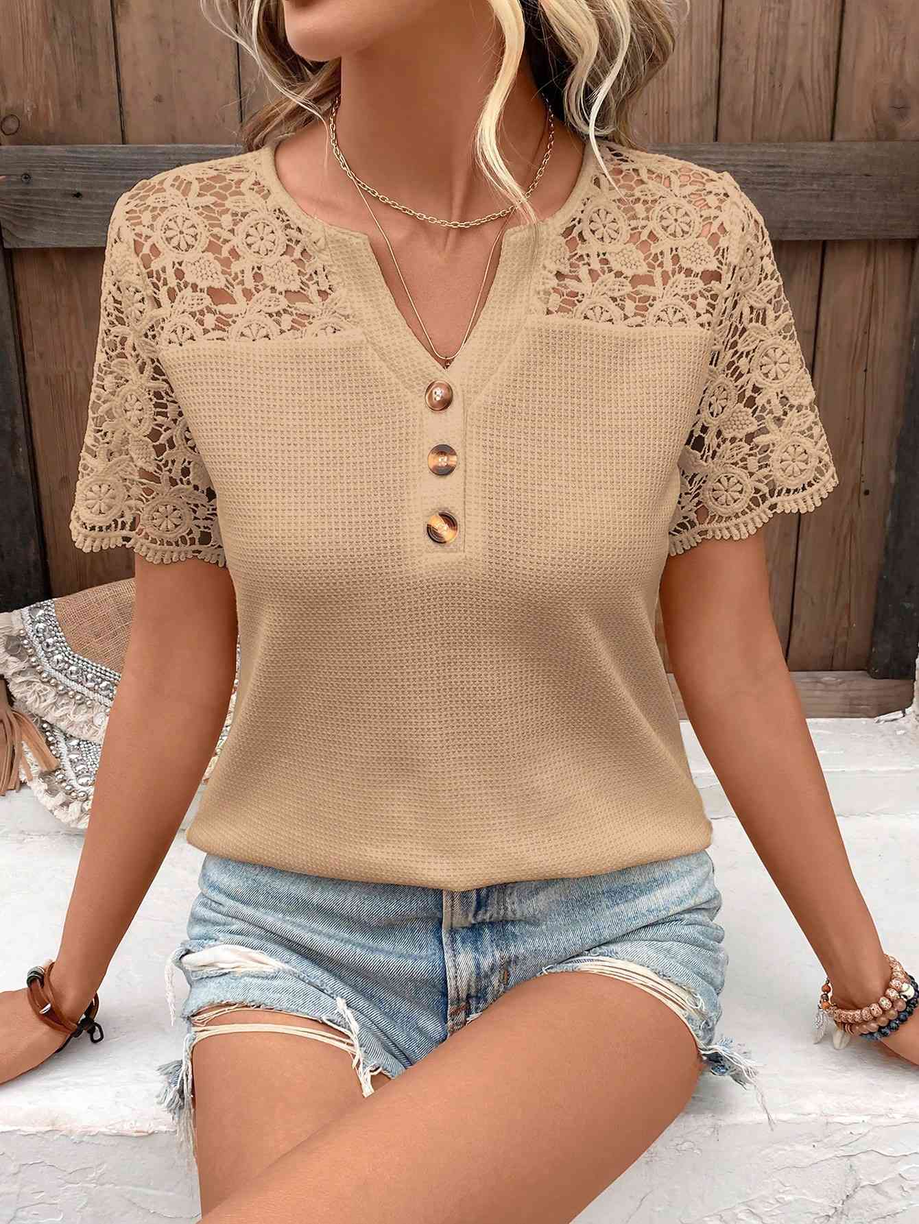 Spliced Lace Notched Neck Waffle-Knit Top