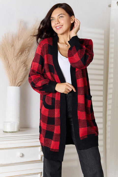 Heimish Full Size Plaid Open Front Cardigan with Pockets