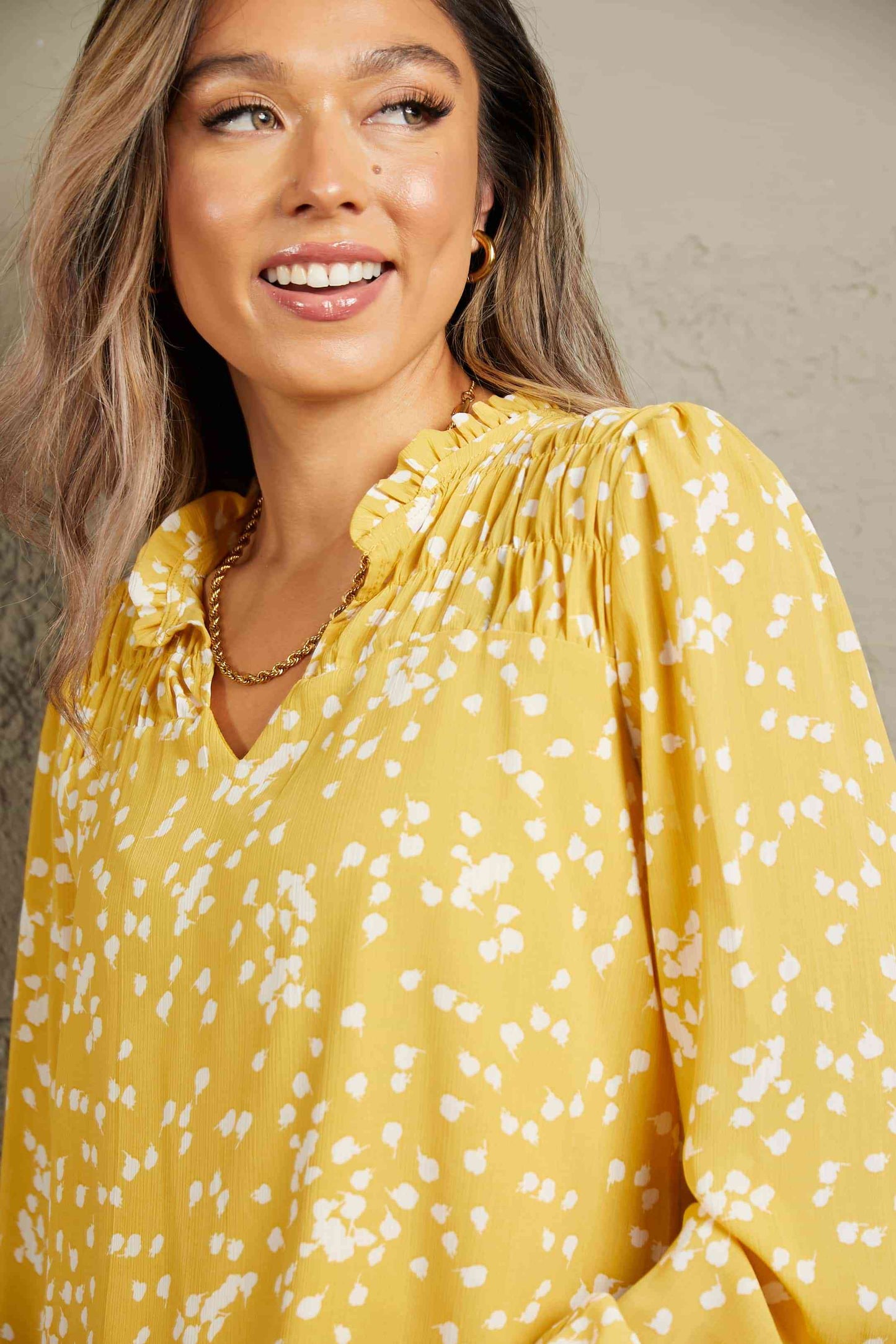 Double Take Printed Notched Neck Smocked Blouse