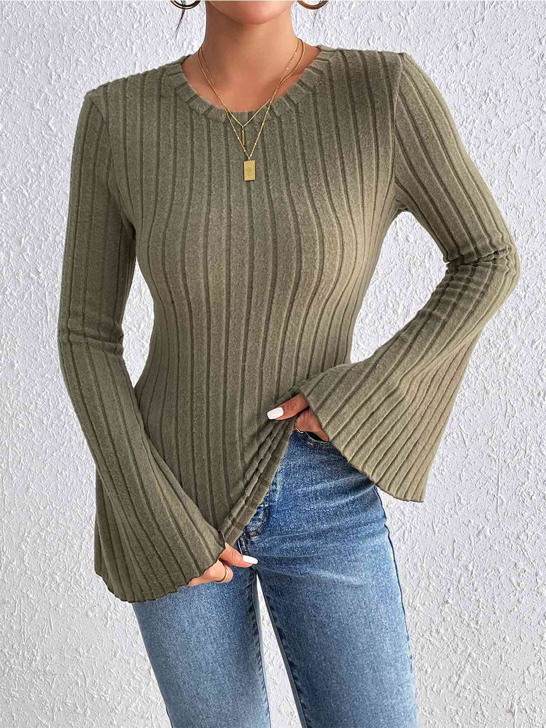 Ribbed Round Neck Flare Sleeve Top
