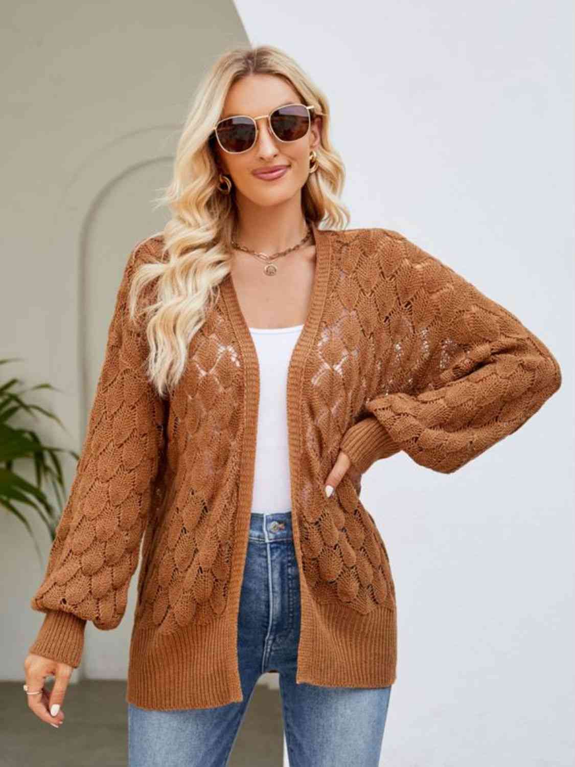 Open Front Ribbed Trim Cardigan